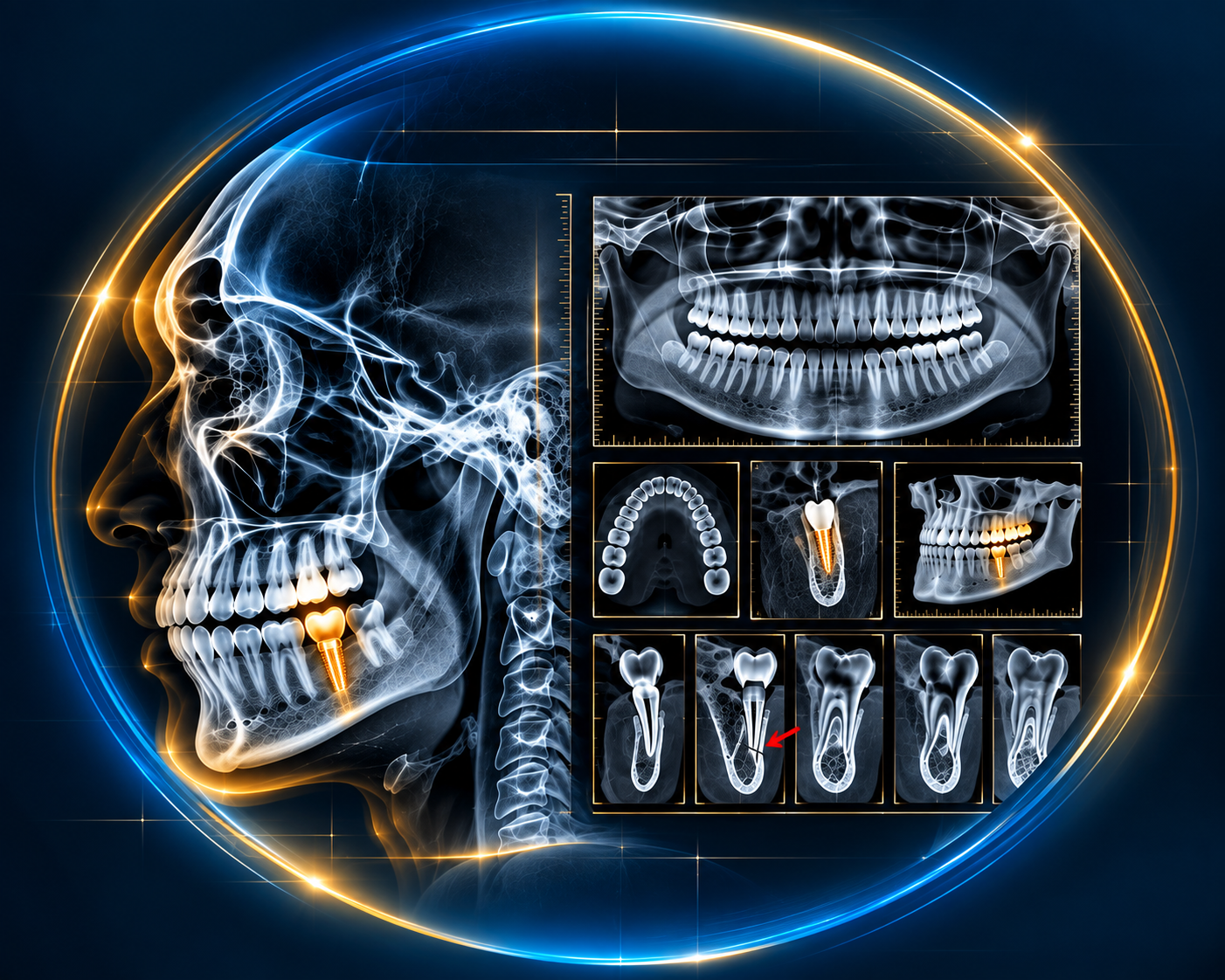 Composição de exames radiológicos odontológicos com crânio, panorâmica e cortes de implante